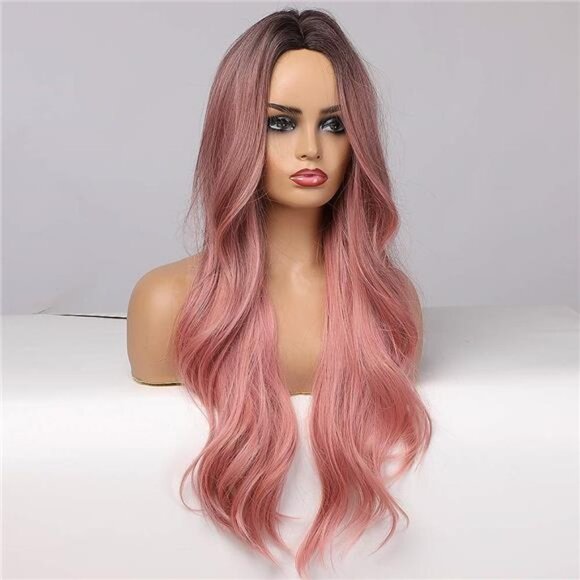NEW Long Pink Ombre Hair Color Wig with Middle Part